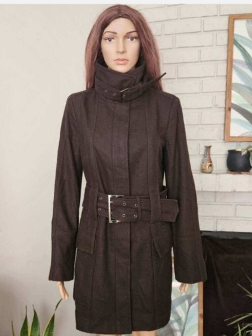 Zara Dark Chocolate Brown Belted Trench Coat Wool Blend Medium